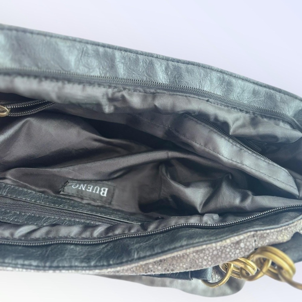 Bueno Silver Metallic Pebbled Hobo Bag Black Trim Antique Brass Chain Straps - Picture 6 of 7